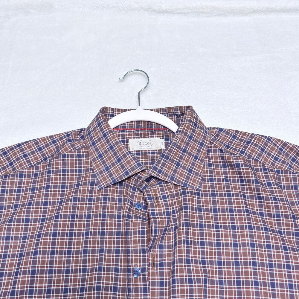 Eton of Sweden Dress Shirt Men’s 18 XXL Contemporary Fit Brown Navy Plaid Check